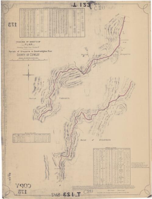 Plan shewing survey of track from Portion 4, Parish of Urayarra to Goodradigbee River, County of Cowley [cartographic material] / transmitted to the Surveyor with my letter of 10th July sigd. G. Soares, Licensed Surveyor