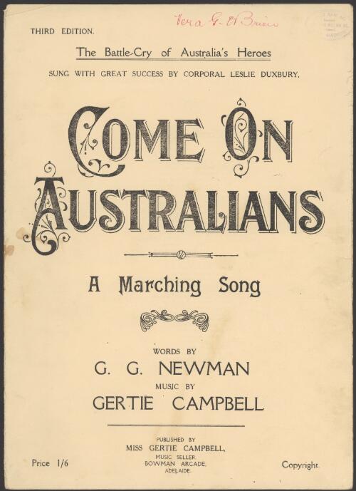Come on Australians [music] : a marching song / words by G.G. Newman ; music by Gertie Campbell