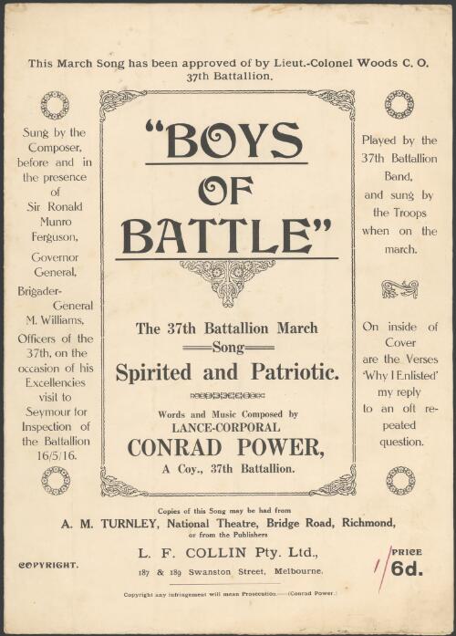 Boys of battle [music] : the 37th Battallion march song : spirited and patriotic / words and music composed by Conrad Power
