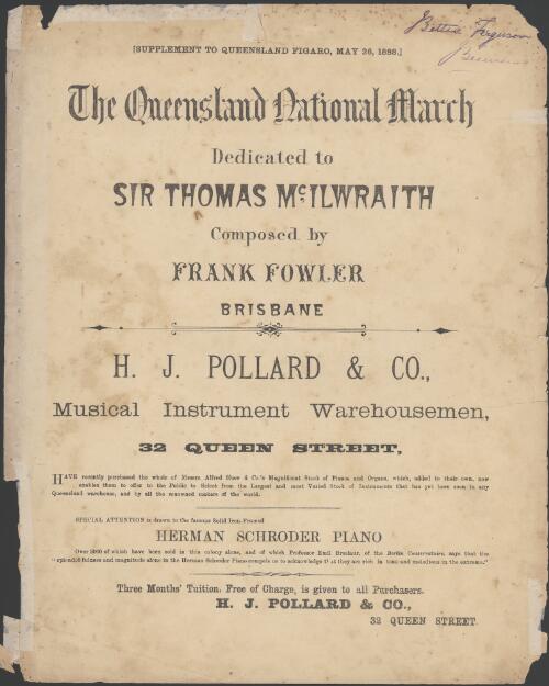 The Queensland national march [music] / composed by Frank Fowler