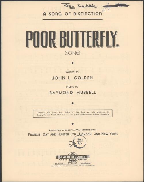 Poor butterfly [music] : song / words by John L. Golden ; music by Raymond Hubbell