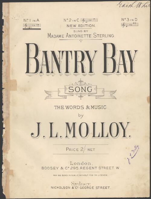 Bantry Bay [music] : song / the words and music by J.L. Molloy