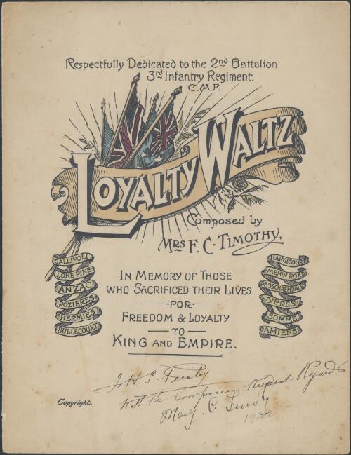 Loyalty waltz [music] / composed by Mrs. F.C. Timothy