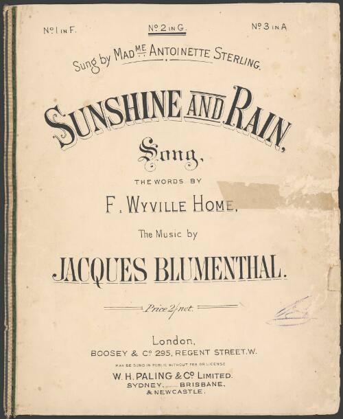 Sunshine and rain [music] : song / the words by F. Wyville Home ; the music by Jacques Blumenthal