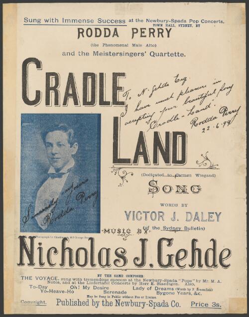Cradle land [music] : song / words by Victor J. Daley ; music by Nicholas J. Gehde
