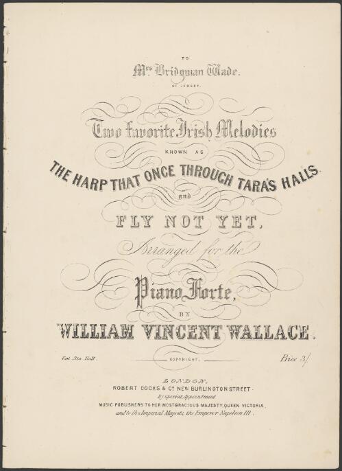 Two favorite Irish melodies [music] : known as The harp that once through Tara's halls, and Fly not yet / arranged for the piano forte by William Vincent Wallace