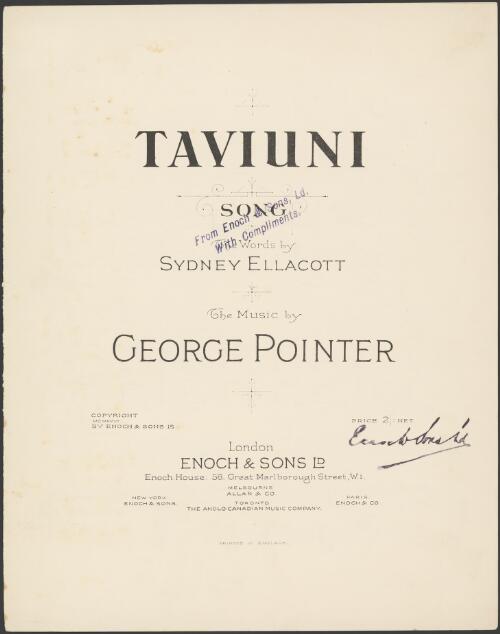Taviuni [music] : song / the words by Sydney Ellacott ; the music by George Pointer