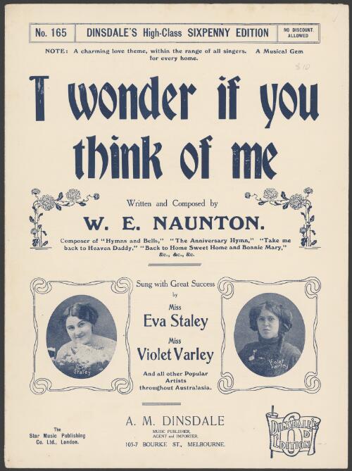 I wonder if you think of me [music] / written and composed by W.E. Naunton