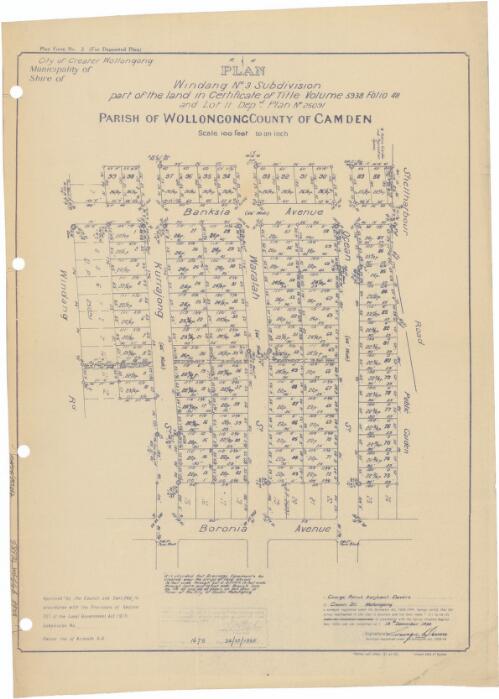 Windang no. 3 subdivision, part of the land in certificate of title volume 5938, folio 48 and lot 11, depd. plan no. 25091, Parish of Wollongong, County of Camden [cartographic material] / George Dovers, surveyor