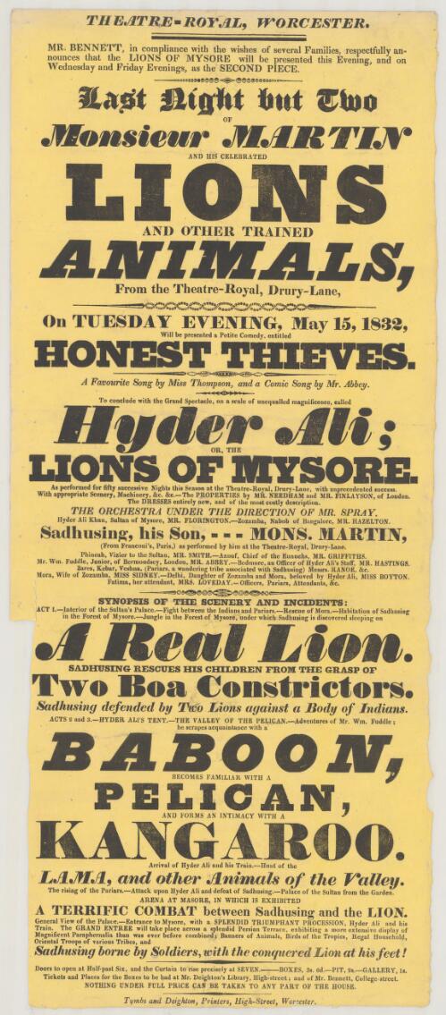 Last night but two of Monsieur Martin and his celebrated lions and other trained animals from the Theatre-Royal, Drury-Lane : on Tuesday evening, May 15, 1832, will be presented a petite comedy, entitled Honest Thieves. A favourite song by Miss Thompson, and a comic song by Mr Abbey. To conclude with the grand spectacle, on a scale of unequalled magnificence, called Hyder Ali; or, The Lions of Mysore.... The orchestra under the direction of Mr Spray. Hyder Ali Khan, Sultan of Mysore, Mr Florington; Zozamba, Nabob of Bangalore, Mr Hazleton; Sadhusing, his son, Mons. Martin.... A real lion ... two boa constrictors.... Sadhusing ... scrapes acquaintance with a baboon, becomes familiar with a pelican, and forms at intimacy with a kangaroo