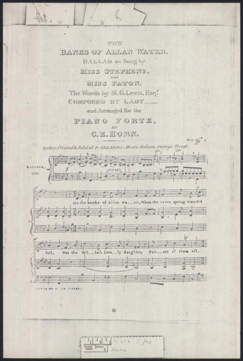 Banks of Allan Water [music]: ballad / the words by M. G. Lewis, Esq., composed by Lady - and arranged for the pianoforte by C. E. Horn