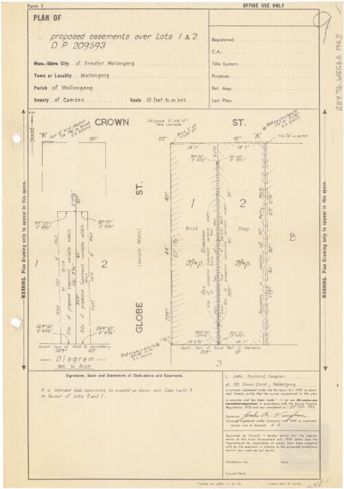 Plan of proposed easements over lots 1 & 2 D P 209593 [cartographic material] / John R. Vaughan, surveyor