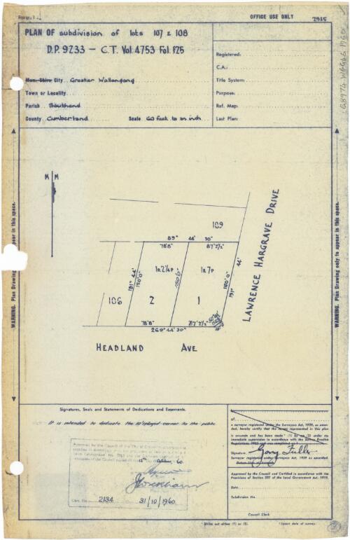 Plan of subdivision of lots 107 & 108 [cartographic material] : D.P. 9Z33 - C.T. vol. 4753 fol. 125 / Gary Fuller, surveyor