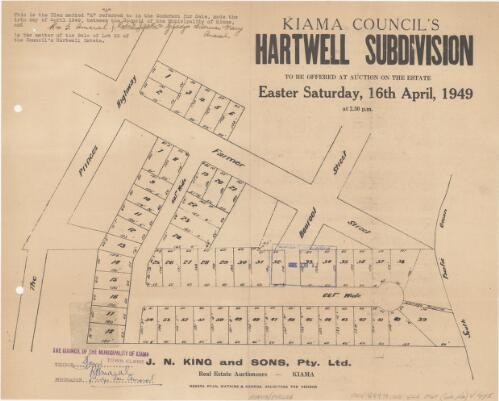 Kiama Council's Hartwell Subdivision [cartographic material] : to be offered at auction on the estate, Easter Saturday, 16th April, 1949, at 2.30 p.m. / J. N. King & Sons, Pty. Ltd., real estate auctioneers, Kiama
