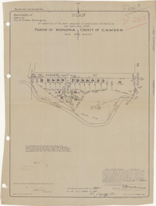 Plan of subdivision of the lands comprised in Crown grant vol. 2369 fol. 92 and application 37140, Parish of Wonona, County of Camden [cartographic material] / K.F. Williams, surveyor