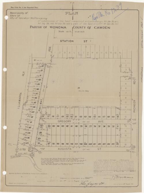 Plan of subdivision of the land comprised in conveyances no. 239 bk. 807, no. 782 bk. 1143, no. 858 bk. 1328 & part of the land in convce. no. 865 bk. 1197, Parish of Wonona, County of Camden [cartographic material] / K.F. Williams