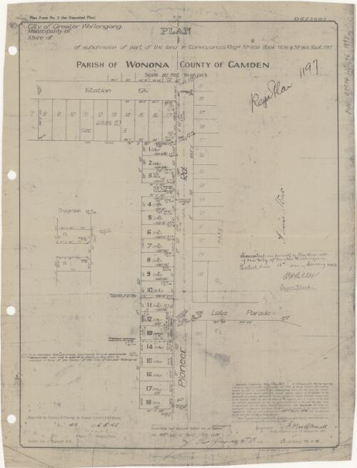 Plan of subdivision of part of the land in Conveyances regd. No. 858, No. 1328 & No. 865, Book 1197 [cartographic material] : Parish of Wonona, County of Camden / Joseph Francis MacDonnell
