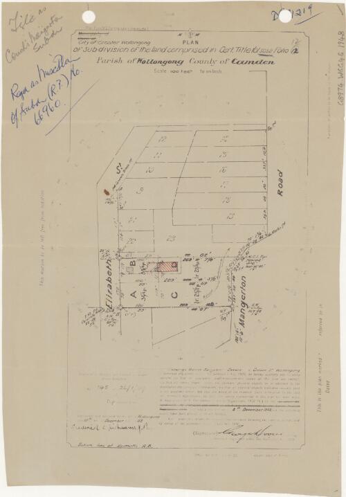 Plan of sub-division of the land comprised in cert. title vol. 5052 folio 12 [cartographic material] : Parish of Wollongong, County of Camden / George Dovers, surveyor
