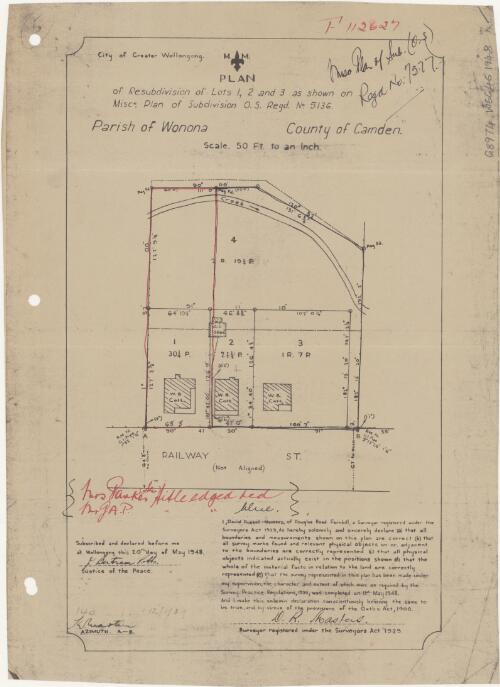 Plan of resubdivision of lots 1, 2 and 3 as shown on miscn. plan of subdivision O.S. Regd. no. 5136 [cartographic material] : Parish of Wonona, County of Camden / D.R. Masters, surveyor