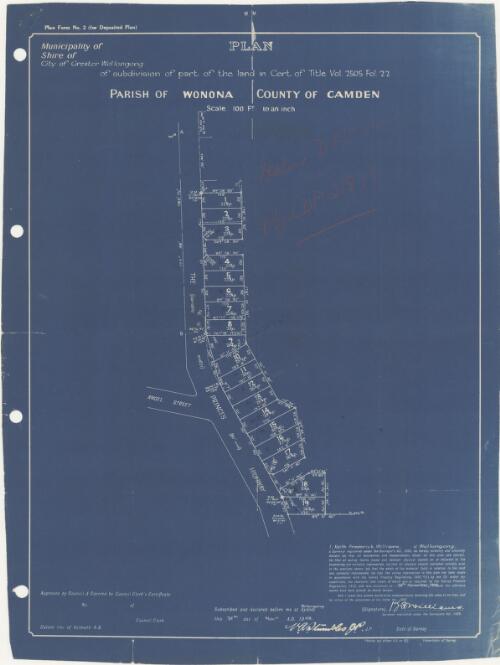Parish of Wonona, County of Camden [cartographic material] : City of Greater Wollongong, plan of subdivision of part of the land in Cert. of Title vol. 2505, fol. 22