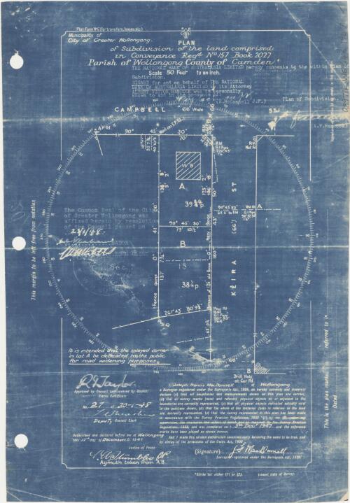 Plan of subdivision of the land comprised in conveyance regd. no 157 book 2027 [cartographic material] : Parish of Wollongong, County of Camden / J.F. MacDonnell, surveyor