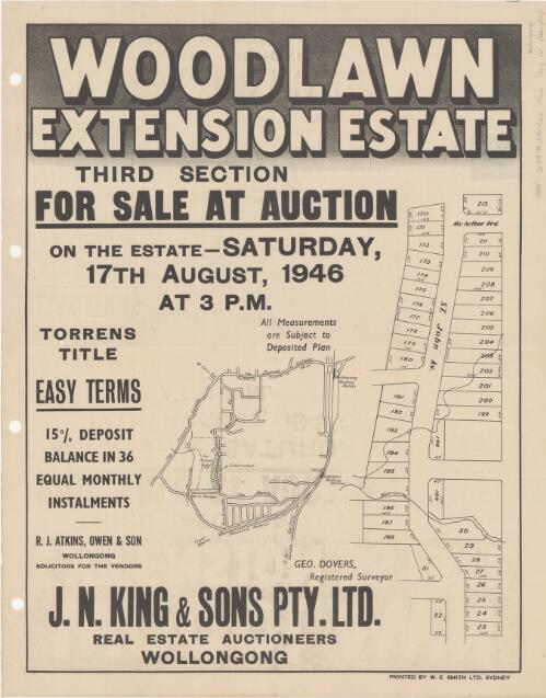 Woodlawn extension estate [cartographic material] : third section for sale at auction on the estate - Saturday, 17th August, 1946 at 3 p.m. / J.N. King & Sons Pty. Ltd, real estate auctioneers, Wollongong