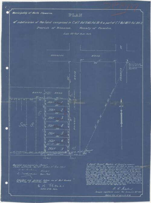 Plan of subdivision of the land comprised in C. of T. vol 5142 fol. 56-8 & part of C.T. vol 4877 fol. 200-2 [cartographic material] : Parish of Wonona, County of Camden / D.R. Masters, surveyor