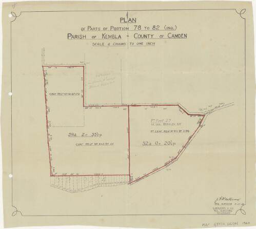 Plan of parts of portion 78 to 82 (incl.) [cartographic material] : Parish of Kembla, County of Camden / G. Dovers & Co., reg. surveyors
