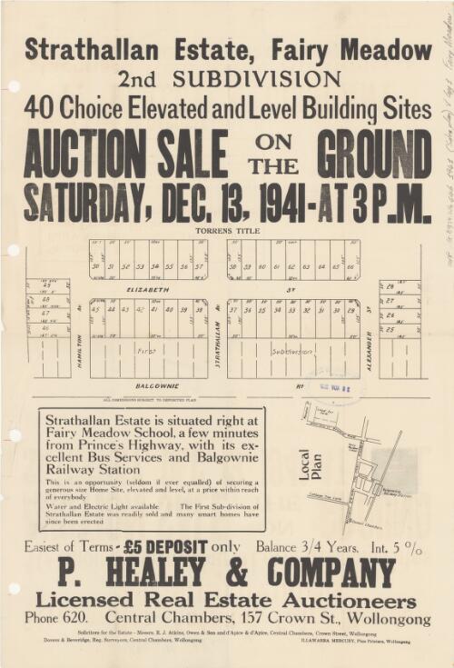 Strathallan Estate, Fairy Meadow [cartographic material] : 2nd subdivision, 40 choice elevated and level buiding sites / auction sale on the ground, Saturday, Dec. 13, 1941, at 3 p.m. ; P. Healy & Company, licensed real estate auctioneers, phone 620, Central Chambers, 157 Crown St., Wollongong
