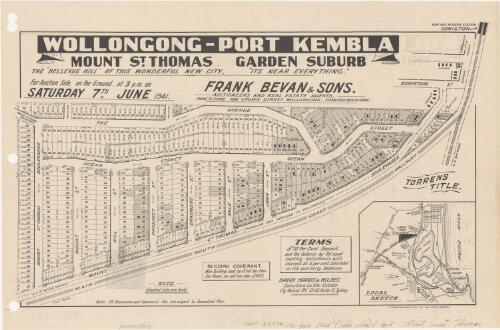 Wollongong - Port Kembla, Mount St. Thomas, garden suburb [cartographic material] : the "Bellevue Hill" of this wonderful new city, "its near everything" / for auction sale, on the ground, at 3 p.m., on Saturday, 7th June, 1941 ; Frank Bevan & Sons, auctioneers and real estate agents, 186 Crown Street, Wollongong