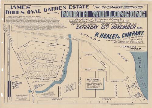 James' Bodes Oval Garden Estate, North Wollongong [cartographic material] : the outstanding subdivision for sale by auction on the ground at 3 p.m. Saturday 15th November 1941 / P. Healey & Company, licensed real estate auctioneers, 157 Crown St. Wollongong ('phone 620)
