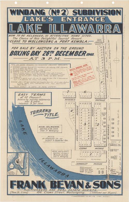 Windang, no. 2 subdivision, Lake's Entrance, Lake Illawarra [cartographic material] : for sale by auction on the ground Boxing Day 26th December 1940 at 3 p.m. / Frank Bevan & Sons, auctioneers and real estate agents, 186 Crown Street, Wollongong