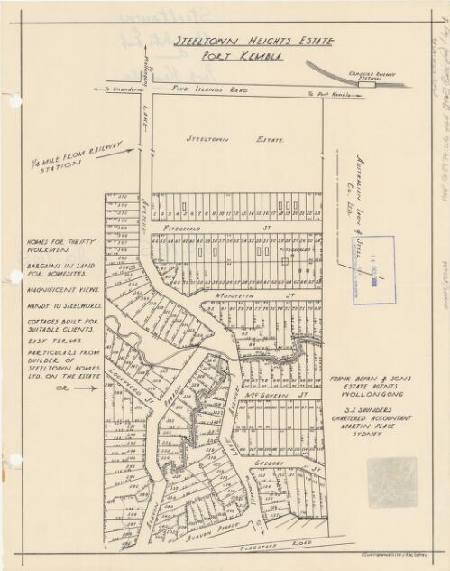 Steeltown Heights Estate, Port Kembla [cartographic material] / Frank Bevan & Sons, estate agents, Wollongong ; S.J. Saunders, chartered accountant, Martin Place, Sydney