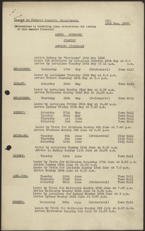 Concert schedules and artist itineraries from the Symphony Australia tours of 1939