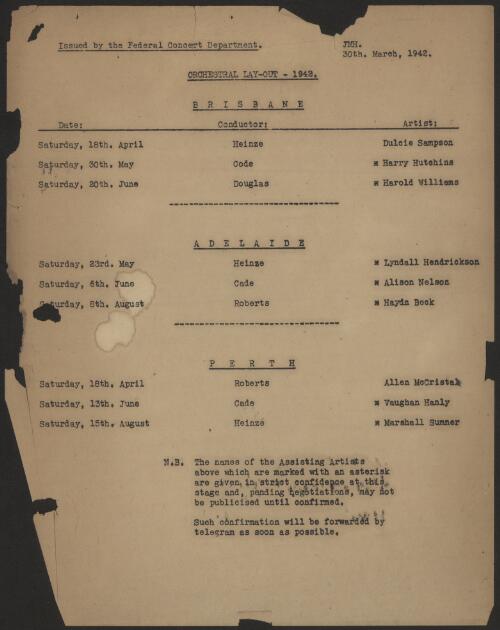 Concert schedules and artist itineraries from the Symphony Australia tours of 1942