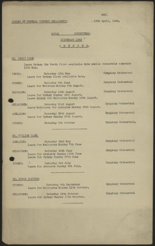 Concert schedules and artist itineraries from the Symphony Australia tours of 1943