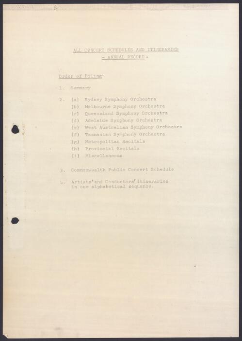 Concert schedules and artist itineraries from the Symphony Australia tours of 1957