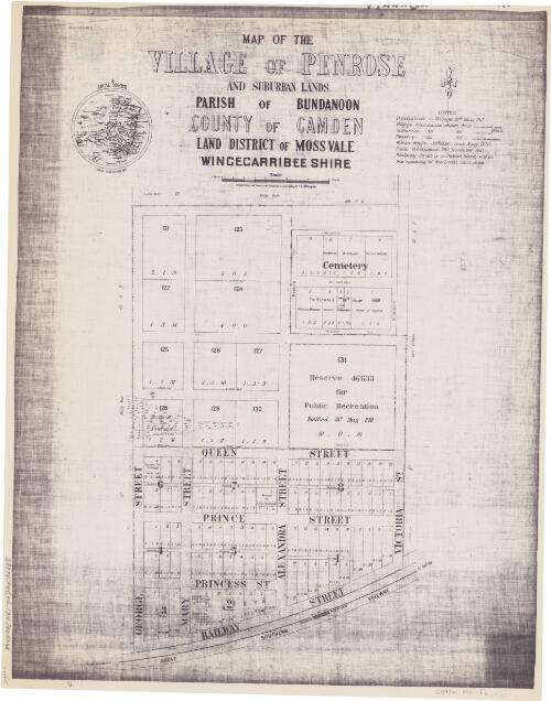 Map of the village of Penrose and suburban lands [cartographic material] : Parish of Bundanoon, County of Camden, Land District of Moss Vale, Wingecarribee Shire / compiled, drawn and printed at the Department of Lands, Sydney N.S.W