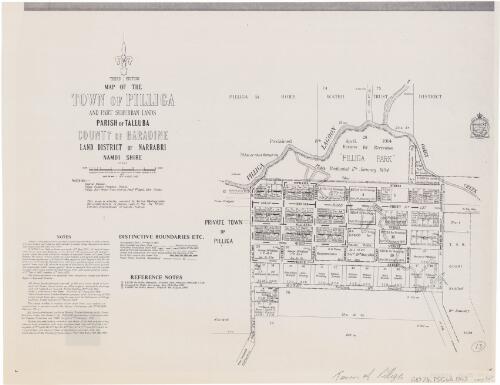 Map of the town of Pilliga and part suburban lands [cartographic material] : Parish of Talluba, County of Baradine, Land District of Narrabri, Namoi Shire / compiled, drawn & printed at the Dept. of Lands