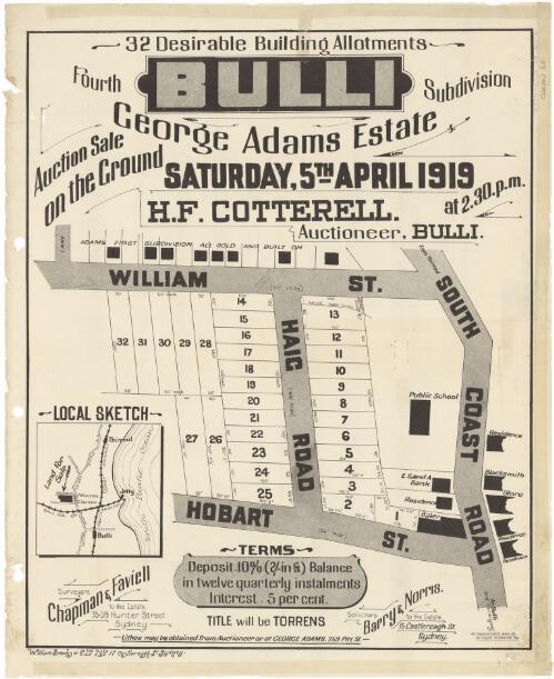 32 desirable building allotments Bulli fourth subdivision, George Adams Estate [cartographic material] : auction sale on the ground Saturday, 5th April 1919, at 2.30 p.m. / H. F. Cotterell auctioneer, Bulli