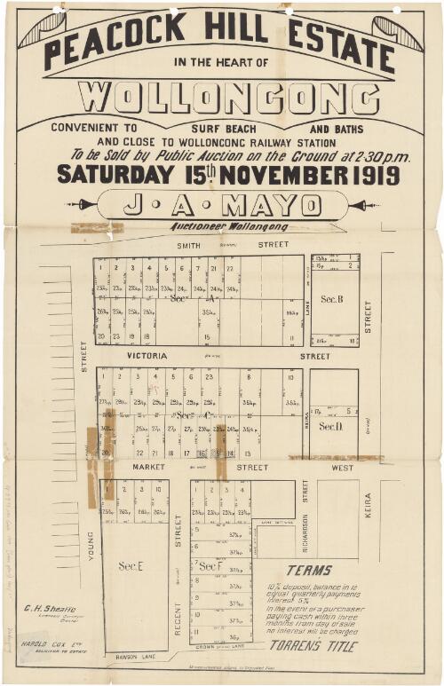 Peacock Hill Estate in the heart of Wollongong [cartographic material] : convenient to surf beach and baths and close to Wollongong Railway Station  ; to be sold by auction on the ground at 2.30 p.m. Saturday 15th November 1919 / J.A. Mayo, auctioneer, Wollongong