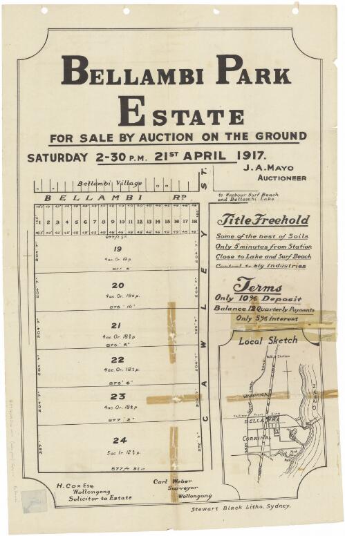 Bellambi Park Estate [cartographic material] : for sale by auction on the ground Saturday 2.30 p.m. 21st April 1917 / J.A. Mayo, auctioneer