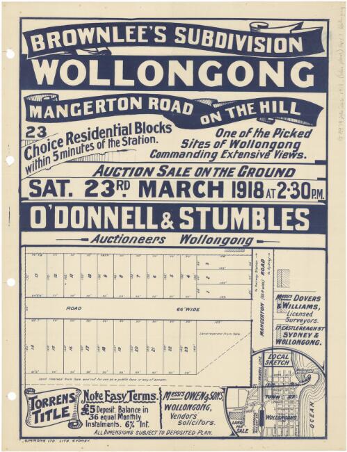 Brownlee's subdivision, Wollongong, Mangerton Road on the hill [cartographic material] : 23 choice residential blocks within 5 minutes of the station, one of the picked sites of Wollongong commanding extensive views ; auction sale on the ground Sat. 23rd March 1918 at 2.30 p.m. / O'Donnell & Stumbles, auctioneers, Wollongong