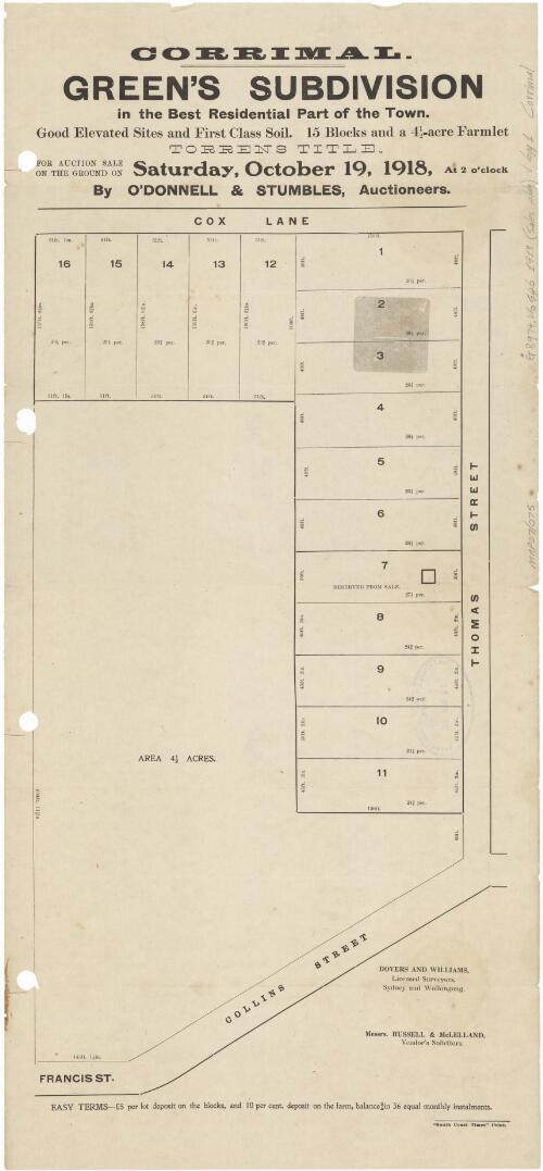 Green's subdivision, Corrimal [cartographic material] : in the best residential part of the town, good elevated sites and first class soil, 15 blocks and a 4 1/2 acre farmlet / for auction sale on the ground on Saturday, October 19, 1918, at 2 o'clock ; by O'Donnell & Stumbles, auctioneers
