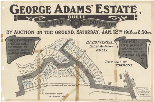 George Adams' Estate, Bulli, third subdivision [cartographic material] : by auction on the ground, Saturday, Jan. 12th 1918, at 2 p.m. / H.F. Cotterell, district auctioneer, Bulli