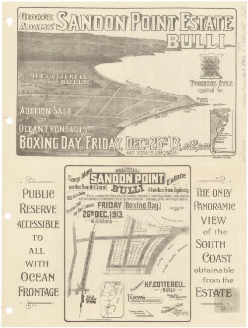 Beautiful Sandon Point Estate on the south coast, Bulli 44 miles from Sydney [cartographic material] : for auction sale on the ground Friday, 26th Dec. 1913 (Boxing Day) at 2 o'clock / auctioneer H. F. Cotterell, Bulli, Sydney Office George Adams Estate 259 Pitt St. Sydney