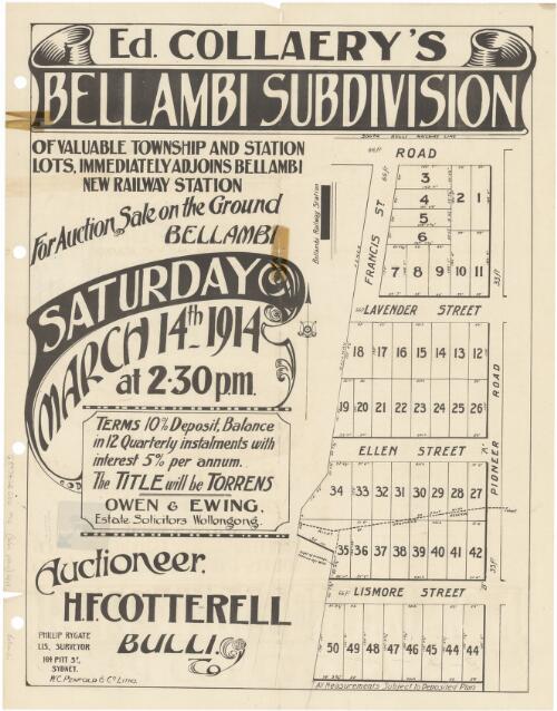 Ed. Collaery's Bellambi subdivision of valuable township and station lots [cartographic material] : immediately adjoins Bellambi new Railway Station ; for auction sale on the ground Bellambi Saturday March 14th 1914 at 2.30 p.m. / auctioneer H.F. Cotterell, Bulli