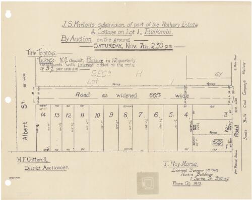 J.S. Kirton's subdivision of part of the Rothery Estate & cottage on lot 1, Bellambi [cartographic material] : by auction, on the ground, Saturday, Nov. 7th, 2.30 p.m. / H.F. Cotterell, district auctioneer