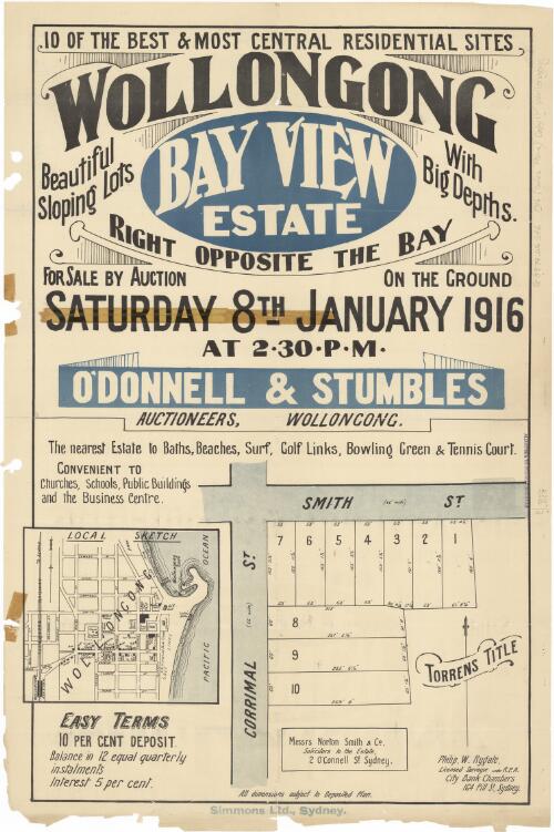 Wollongong Bay View Estate [cartographic material] : right opposite the bay : for sale by auction Saturday 8th. January 1916 at 2.30 p.m. / O'Donnell & Stumbles, auctioneers, Wollongong