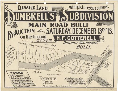 Elevated land with picturesque outlook, Dumbrell's subdivision Main Road Bulli [cartographic material] : by auction Saturday December 13th '13 on the ground at 2.30 p.m. / H.F. Cotterell, district auctioneer, Bulli